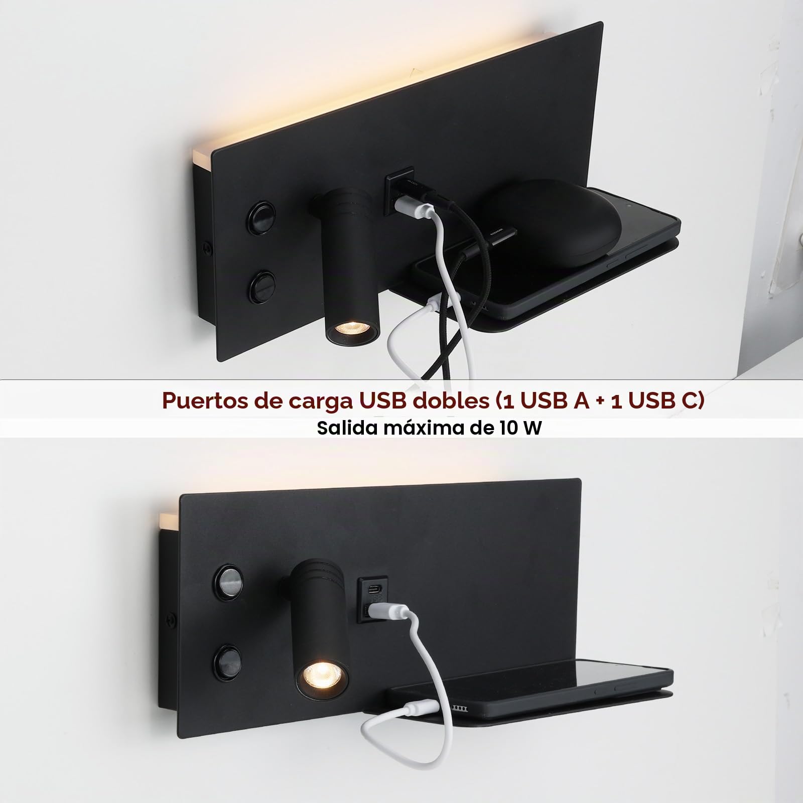 Alpinaluz Aplique de Pared Negro Mate con Foco LED Izquierdo, Luz Cálida 2700K, Puertos USB-C y USB-A, Interruptores Independientes y Repisa Metálica para Móvil