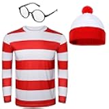 Adult Men Red and White Striped Tee Shirt Glasses Hat Outfit Suit Set Halloween Cosplay Costume Party Props