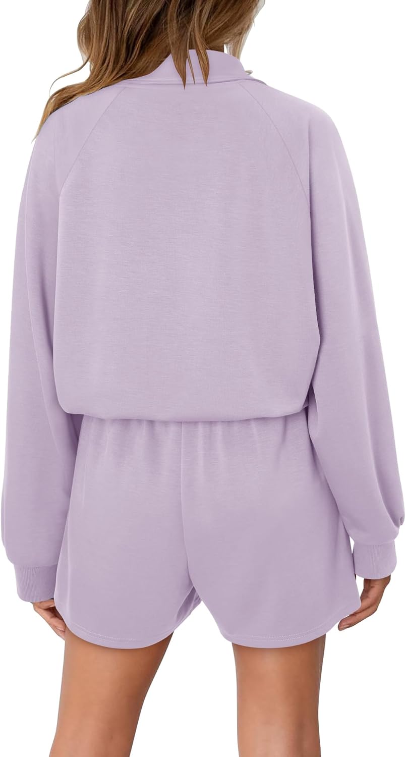 KISSMODA 2 Piece Sets for Women Sweatsuit Casual Tracksuits Long Sleeve Tops and Shorts 2025 Lounge Outfits