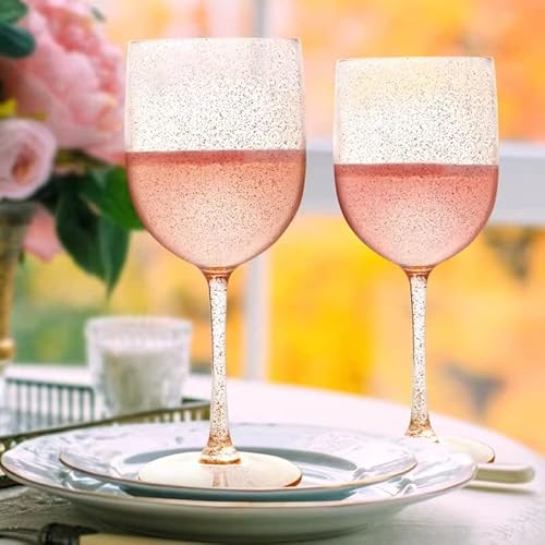 Qianqueyue 8Pack Plastic Wine Glasses Shatterproof Elegant Design |Plastic Stemless Wine Glasses Gold Gliiter |Unbreakable 16Oz Hard Plastic Wine Glasses/Set Of 8 Gold Gliiter Champagne Glasses #TOP5