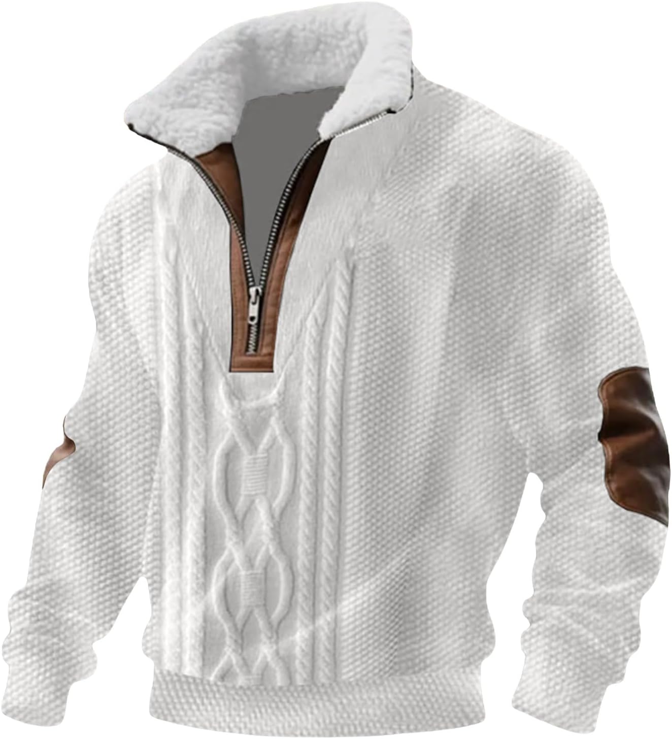 Fleece Jumper Mens Vintage Knitted Printed Sweatshirts Long Sleeve Quarter Zip Pullover Tops with Elbow Patches Fall Winter Warm Clothes