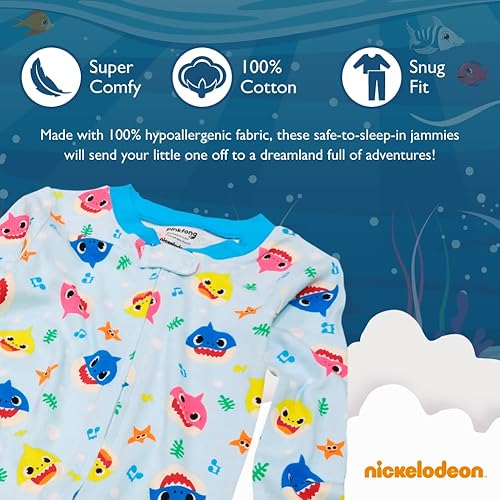 Miniatura 3 de Nickelodeon Baby Shark - Pijama de algodón de una pieza sin pies, 2 unidades, ajuste ceñido, suave y lindo para niños