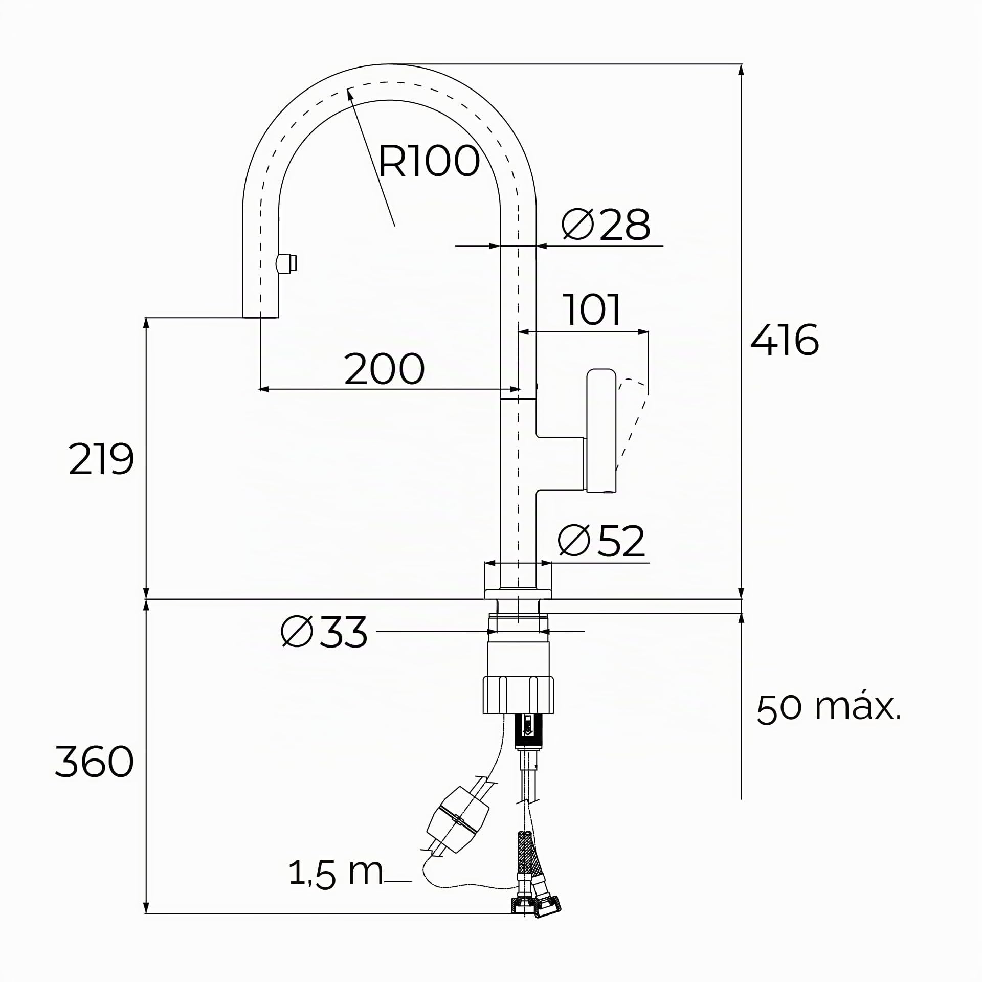 TEKA Grifo Cocina Monomando, Caño Alto Giratorio 360º, Maneral Extraíble 2 Funciones, Aireador Anticalcáreo, Latiguillos Flexibles 3/8”, Modelo OVAL 9382