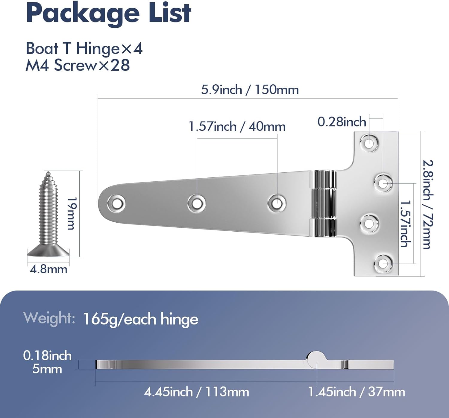Boat T Type Hinge, Marine Grade Stainless Steel 316 Heavy Duty Strap Butt Hinge Durable Marine Applications for Hatch, Cabinet, Gate, and Door