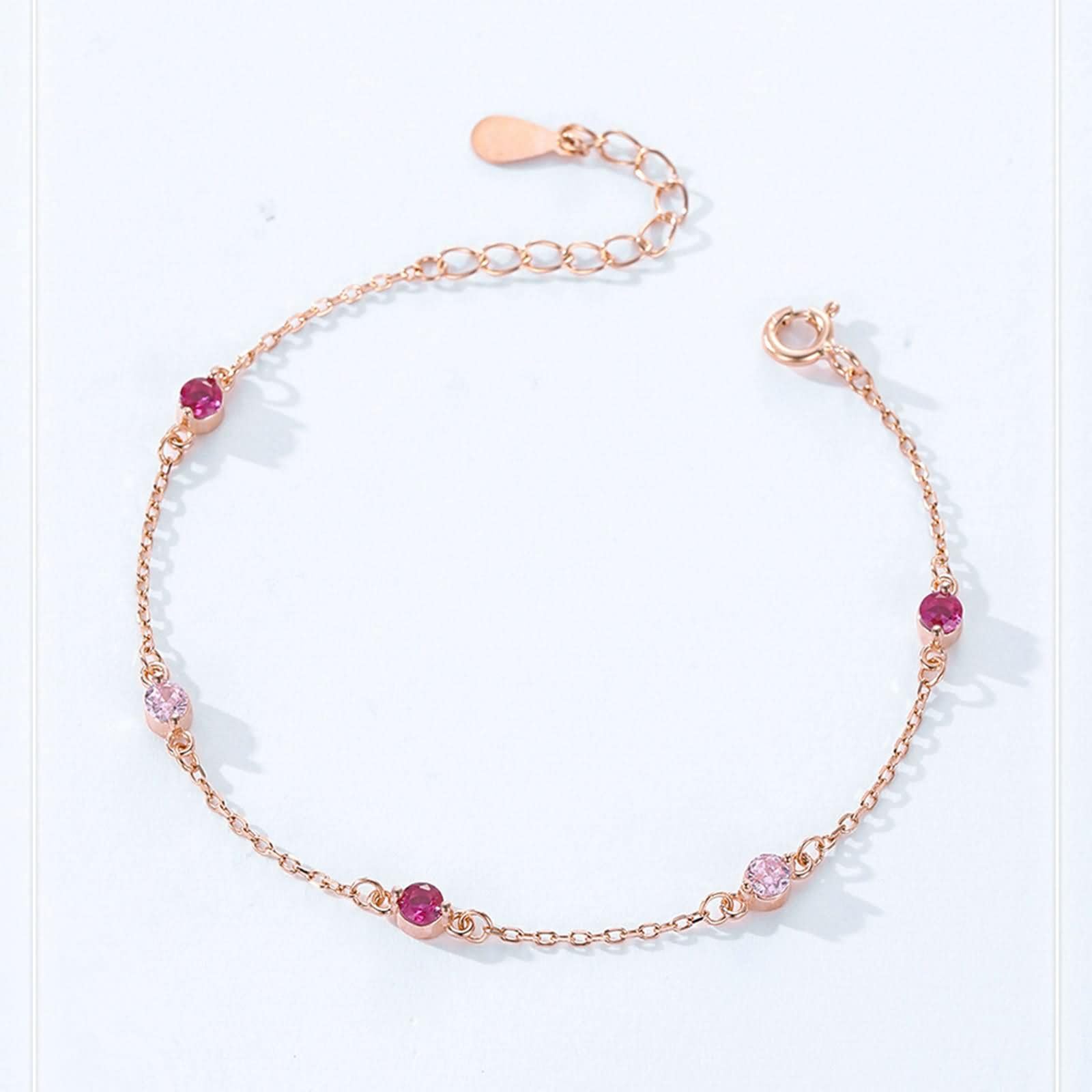 Pulseras Mujer de Oro Rosa de 9 Kilates / 14 Kilates / 18 Kilates, Redondo con Zafiro Rosa Creado y Rubí Creado, Cadena Extensible 16 CM + 5 CM, Pulseras Mujer de Oro Rosa
