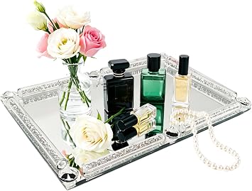 Crystal Glass Tray, 11.8" x 7.9" Silver Mirror Vanity Tray