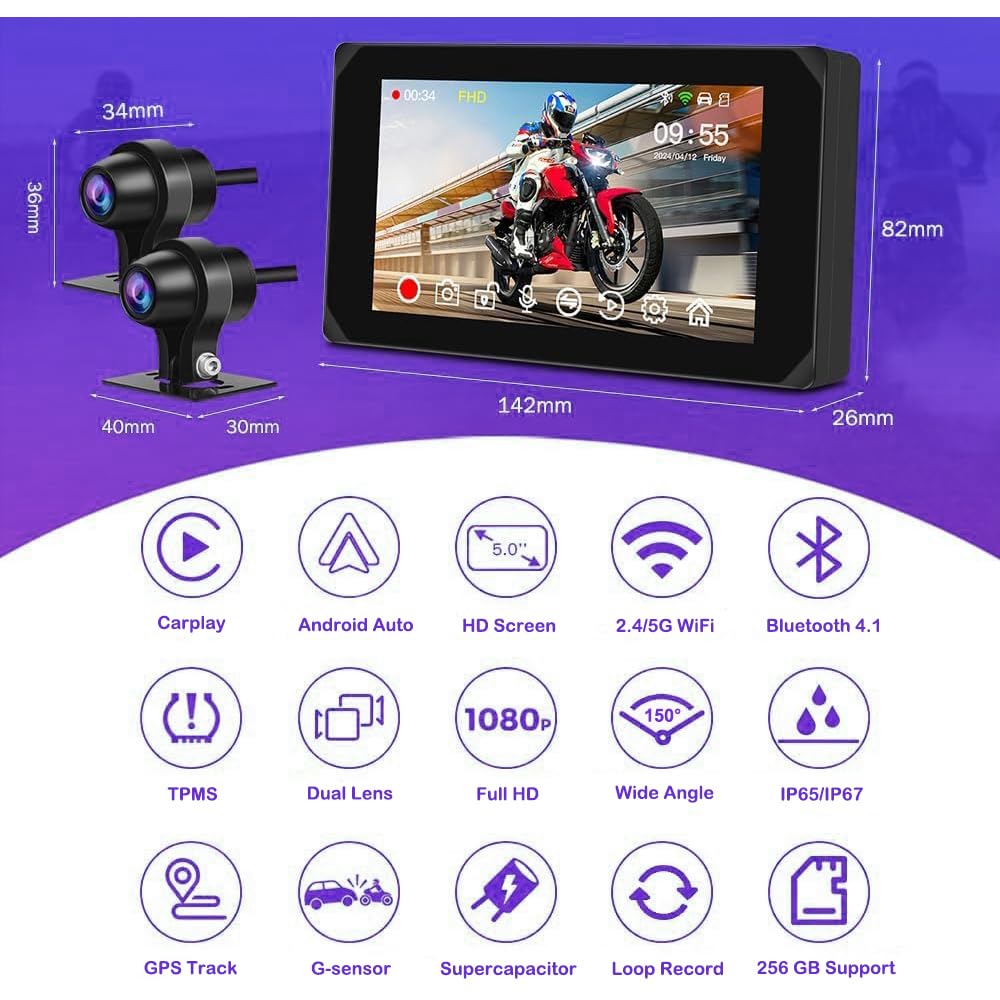 Dashcam per moto VSYSTO, 5,0 pollici, impermeabile, touchscreen per auto e Android con doppia telecamera anteriore e posteriore 150°, 1080P, visione notturna, navigazione GPS, telecomando (CS5-Pro)