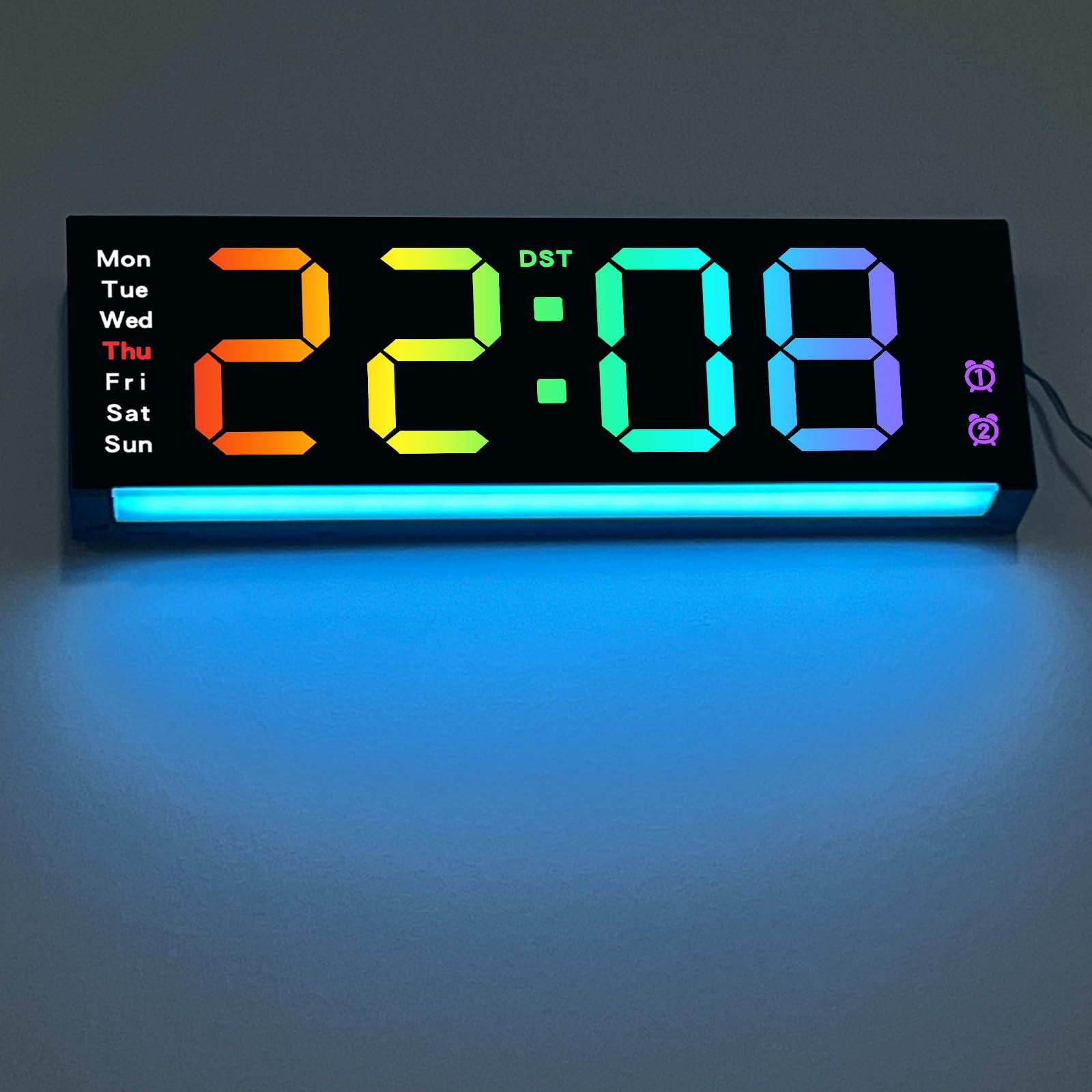 Cyfrowy zegar ścienny, duży wyświetlacz, z pilotem zdalnego sterowania, kolorowy zegar cyfrowy RGB LED z datą i dniem tygodnia, automatyczna jasność, czas letni, temperatura, cyfrowy budzik do