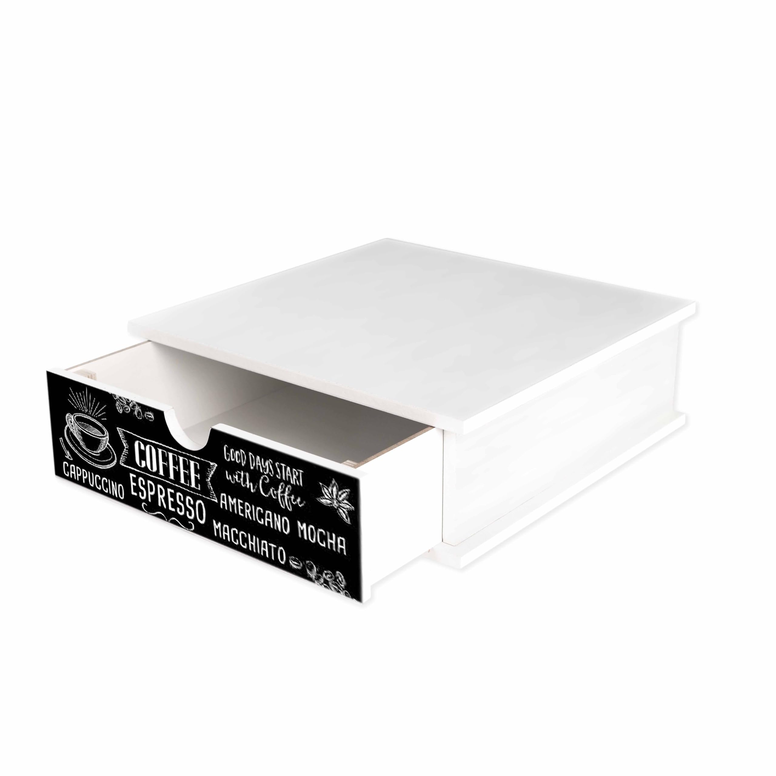 Lupia - Organizador de Cápsulas de Café en Madera, Cajón Extraíble, Organizer BLACKBOARD COFFEE Compatible con Marcas Principales, Ideal para Cocina y Oficina, Diseño Moderno en Blanco, 33x33x11 cm