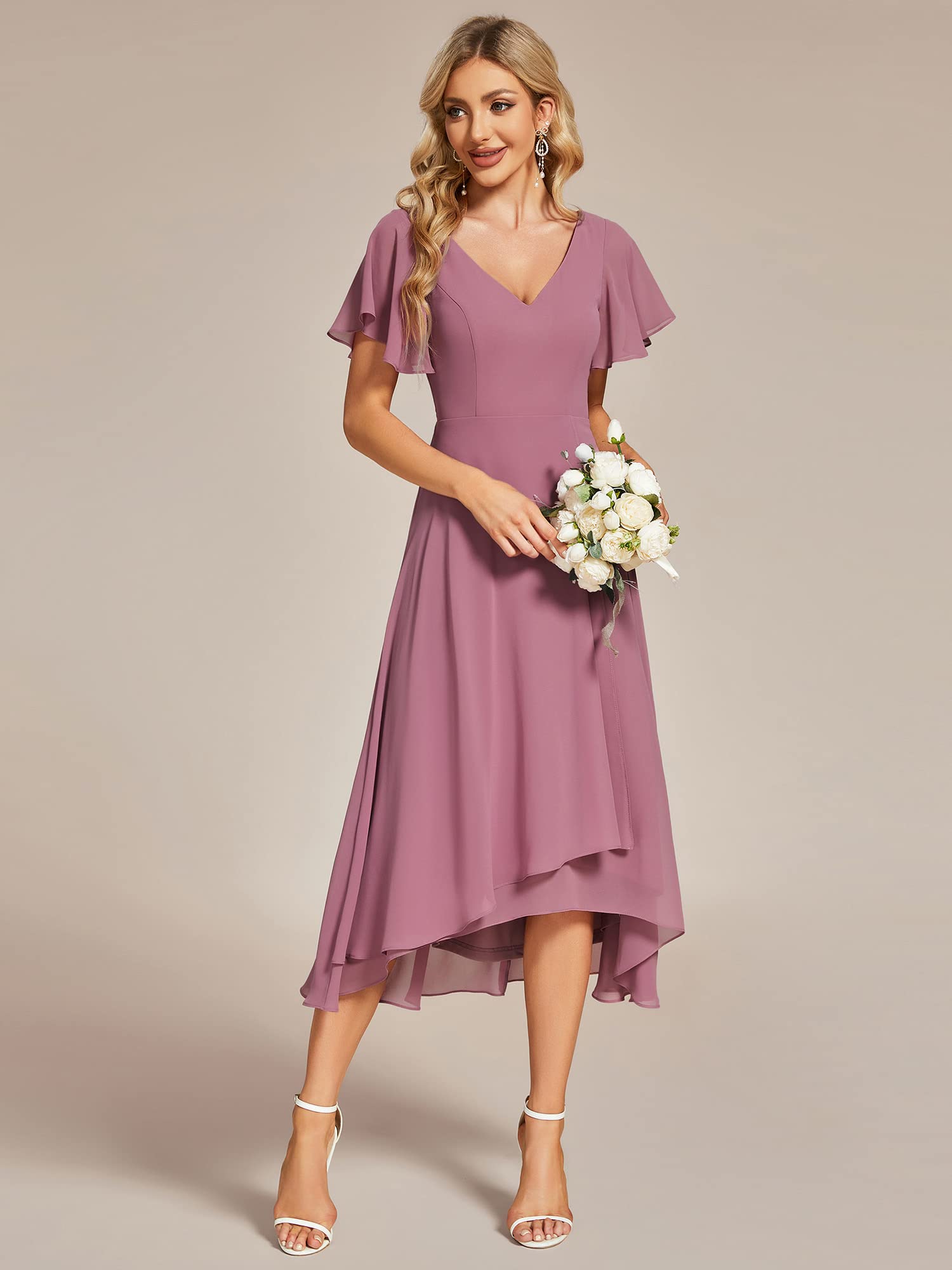 Ever-Pretty Vestito da Sera Donna Midi Linea ad A Maniche Corte Scollo a V Elegante Abito da Sera EG1756