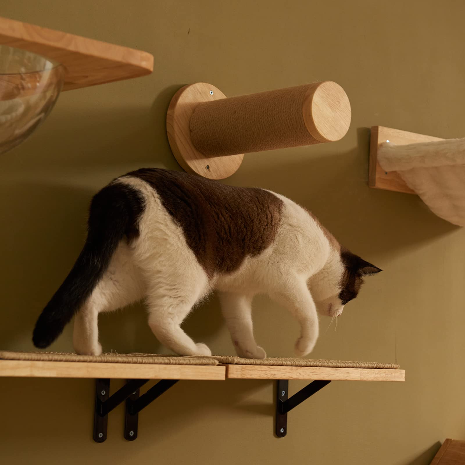 FUKUMARU Mensole da Parete Per Gatti, 40 x 25 cm, Mobili per Gatti a Parete da Arrampicata,Mensola con Tappetino in Sisal, Letto a Parete in Legno Massello di Gomma,per Dormire Giocare e Graffiare.