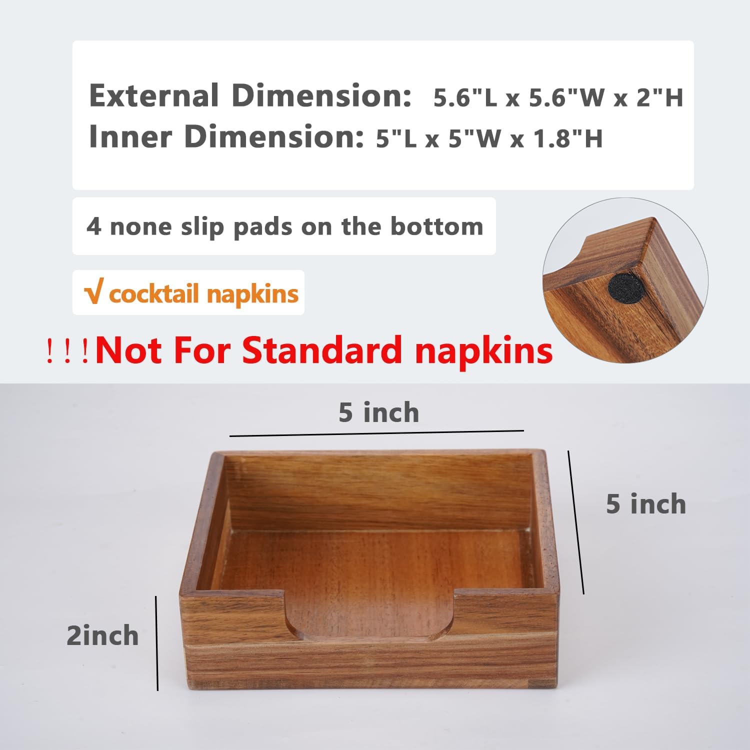Acacia Cocktail Napkin Holder for Table, Wooden Napkin Holder, Flat Square Beverage Napkin Tray, Farmhouse Cocktail Napkin Caddy for Bar, Party, Dinner, Kitchen Dining Table, 5.5 x 5.5 inches