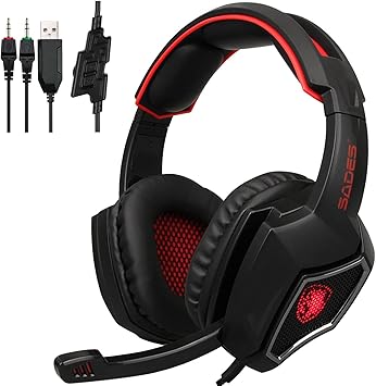 SADES 7.1 Surround Stereo SoundGaming Headset, USB Over Ear Gaming Headphones, Red Headset with Noise Cancelling & Mic Volume Control & Led Light for PC MAC Laptop Computer Games
