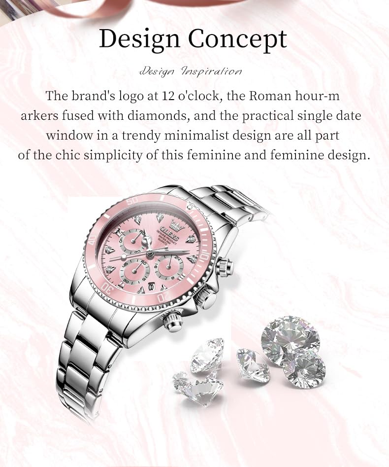 Image of OLEVS Watch for Women Luxury Stylish Diamond Analog Quartz Chronograph Elegant Silver Stainless Steel Chain Waterproof Date Ladies Wrist Watch