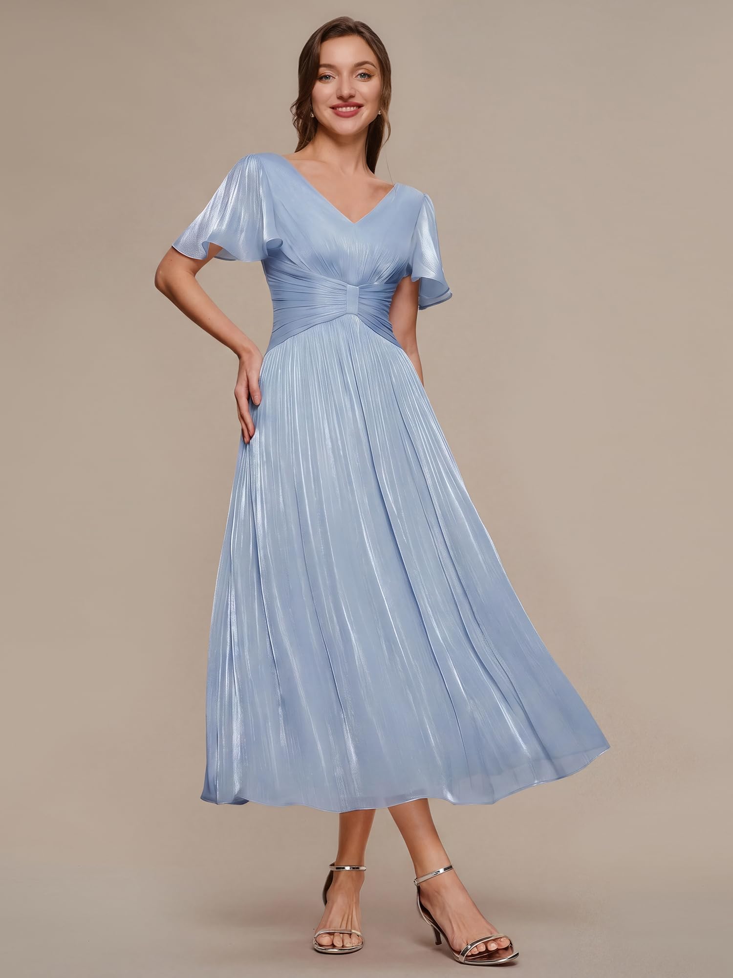 Ever-Pretty Vestito Donna Elegante Collo a V Maniche Corte Sea-Island Filament Fabrics Midi Gonna Svasata EG02770