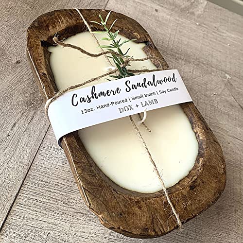 Dox + Lamb Cashmere Sandalwood Rustic Wooden Bowl Candle | Handmade Wood Bread Bowl Candle 3-Wick Soy Wax | Distressed Dough Bowl Candle | Modern Farmhouse Decor Table Centerpiece #TOP1