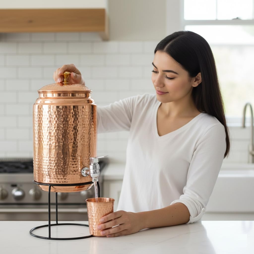 5 Litre Copper Water Dispenser with Stand and 1 Glasses | BPA Free, Non-Toxic | Hammered Texture, Rustproof & Durable | with Added Health Benefits of Coppe