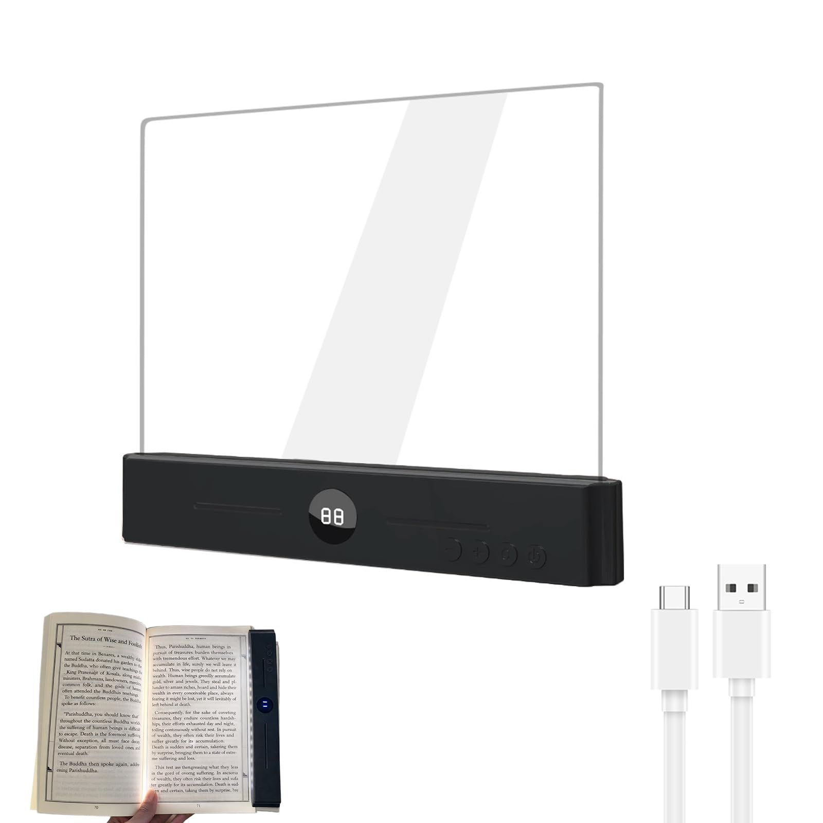Noaya Black Smart Flat Book Light - Rechargeable Led Clear Book Page Light, Dimmable Book Light With 3 Colors & Timer, Portable Reading Light For Bed, Student Book Lamp, Gifts For Readers, 18.5 X 15.5 Cm