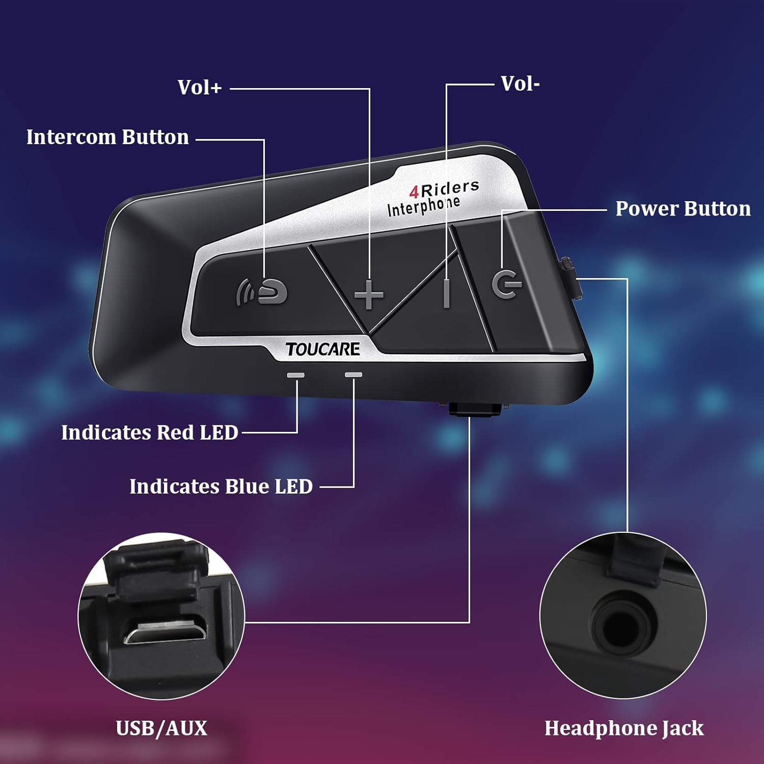 Diagram of the TOUCARE T9S intercom unit showing the Power Button, Intercom Button, Vol+, Vol-, USB/AUX port, Headphone Jack, Red LED, and Blue LED.