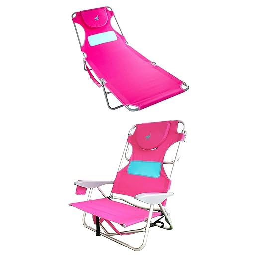 Ostrich Ladies Comfort Lounger Sunbathing Chaise Lounge Beach Chair and Outdoor On-Your-Back 5-Position Backpack Beach Chair, Pink