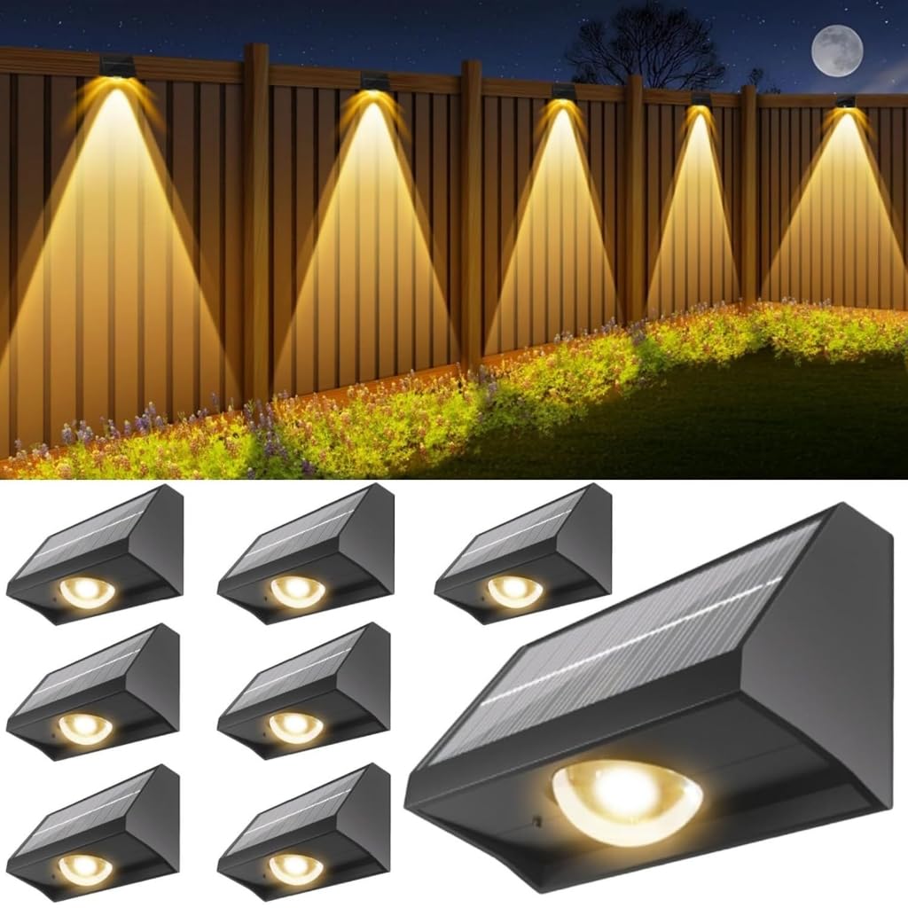 Solarleuchten für den Außenbereich, Zaun, Wand, 8 Stück, schwarz montierte Akzentbeleuchtung mit warmem nach unten gerichtetem Licht für Garten, Terrasse, Hof, Abschnitte und Schienen