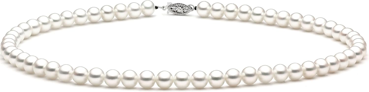 Real Pearl Necklace for Women with AAA Quality, Round White Freshwater Cultured Pearls, Secure Fish Hook Clasp, 18" length Double Knotted Strand
