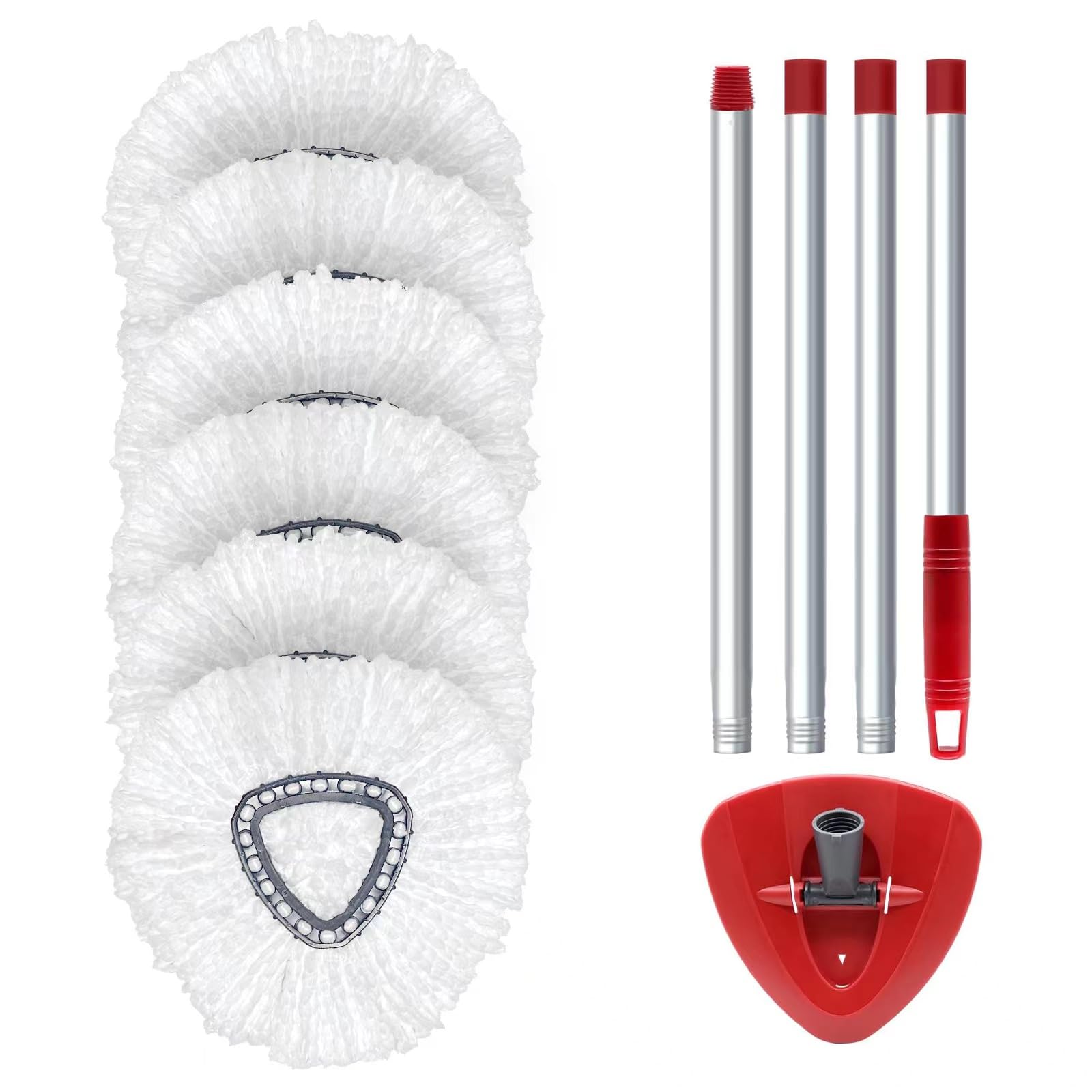 Spin Mop Replace Head Base, Handle Compatible with O Cedar EasyWring Microfiber Spin Mop,6 Mop Refills Replacement Heads, 30-58" Mop Handle and 1 Mop Base Combo Set (White,1-Tank System)
