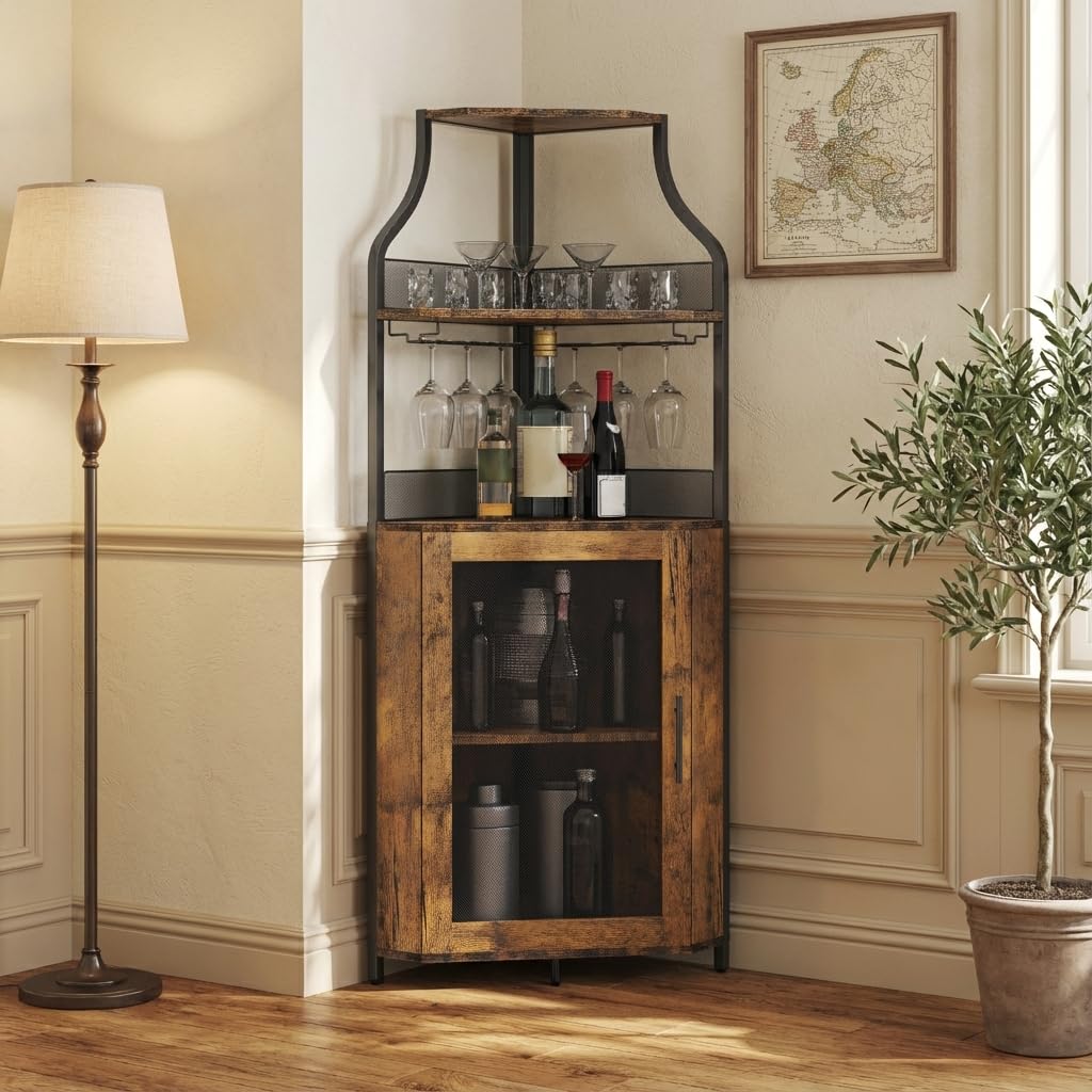 Litake Eckbar-Kommode, Flaschenregal Mit Verstellbaren Regalen, 5-Schichten Landhausweinkommode Mit Verschließbarem Tür Und Verstellbaren Füßen Für Esszimmer, Wohnzimmer, Küche, Rustikaler Braun