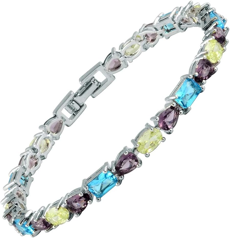 RIZILIA Emerald&Oval&Pear Cut White Cubic Zirconia CZ 18K White Gold Plated Tennis Bracelet, 7"