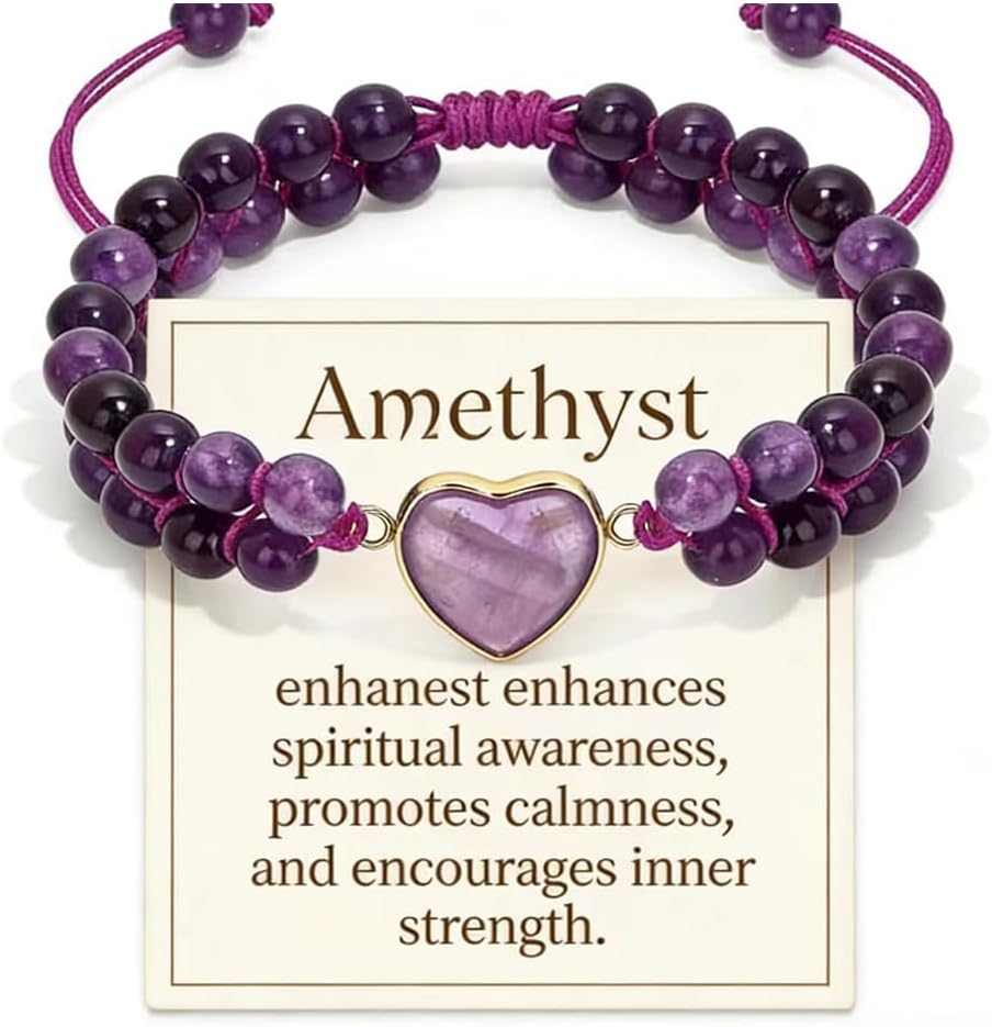 Healing Crystal Bracelet for Women, Chunky Heart Amethyst Tiger Eye Turquoise Obsidian Colorful Natural Stone Double Layer Beaded Protection Reiki Spiritual Adjustable inspirational Gift Jewelry