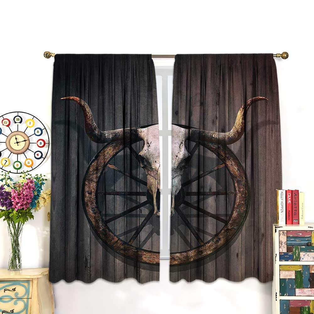 DESPKON Barn Wood Wagon Wheel Curtains Long Horned Bull Skull and Old West Wagon Wheel soundproof CurtainsBedroom Window Drapes 2 Panel Set,120 W X 72 L Inches, Fuchsia