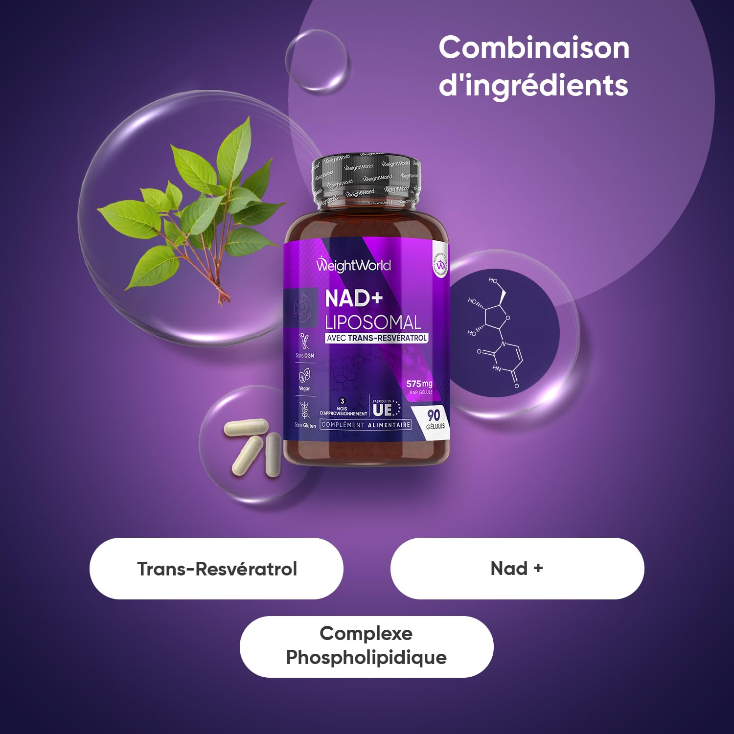 Nad+ Resveratrol Liposomale avec Complexe Phospholipidique, 90 Gélules
