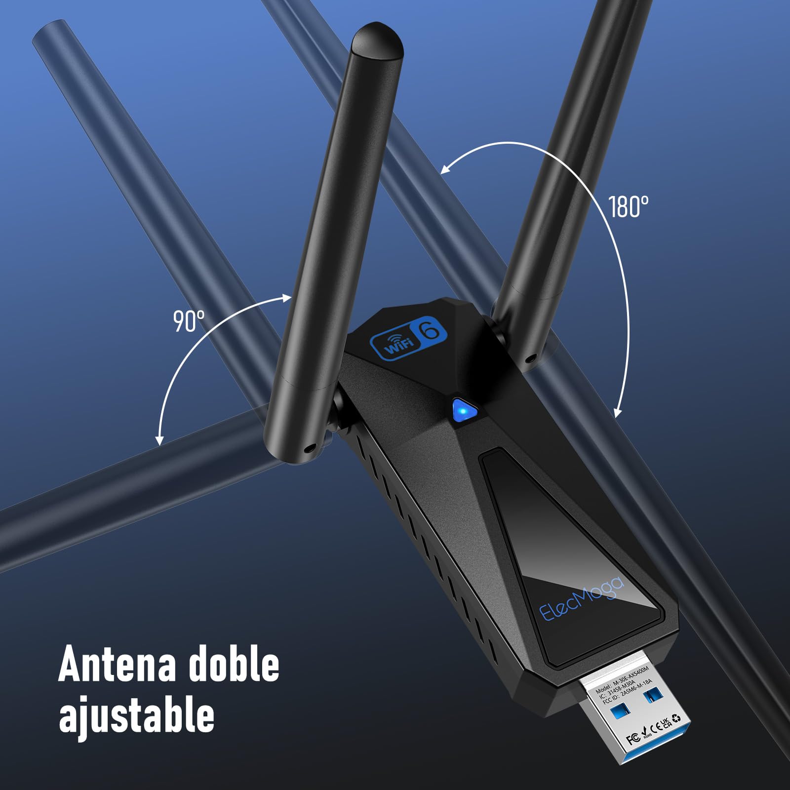 ElecMoga WLAN Stick WiFi 6, 5400 Mbps WLAN adapter PC, USB Stick 3.0, antena High Gain 2dBi, obsługuje Tri-Band Internet 2,4 GHz/5 GHz/6GHz, kompatybilny z Windows 10/11