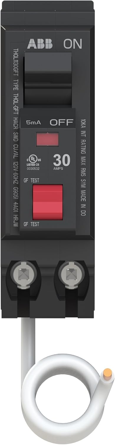 ABB Q-Line® THQL1130GFT Ground Fault Circuit Breaker • 30 Amp Single-Pole Breaker • GFCI Protection • 120/240 VAC • 10 kAIC Interrupt Rating • Plug-On Pigtail Breaker for Load Centers
