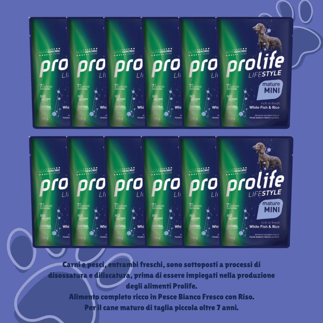 Prolife Umido Cane Mature Small Mini Lifestyle 100gr, alimento completo per cani anziani di tutte le taglie gusto PESCE BIANCO e RISO | 12 bustine da 100 grammi l’una.