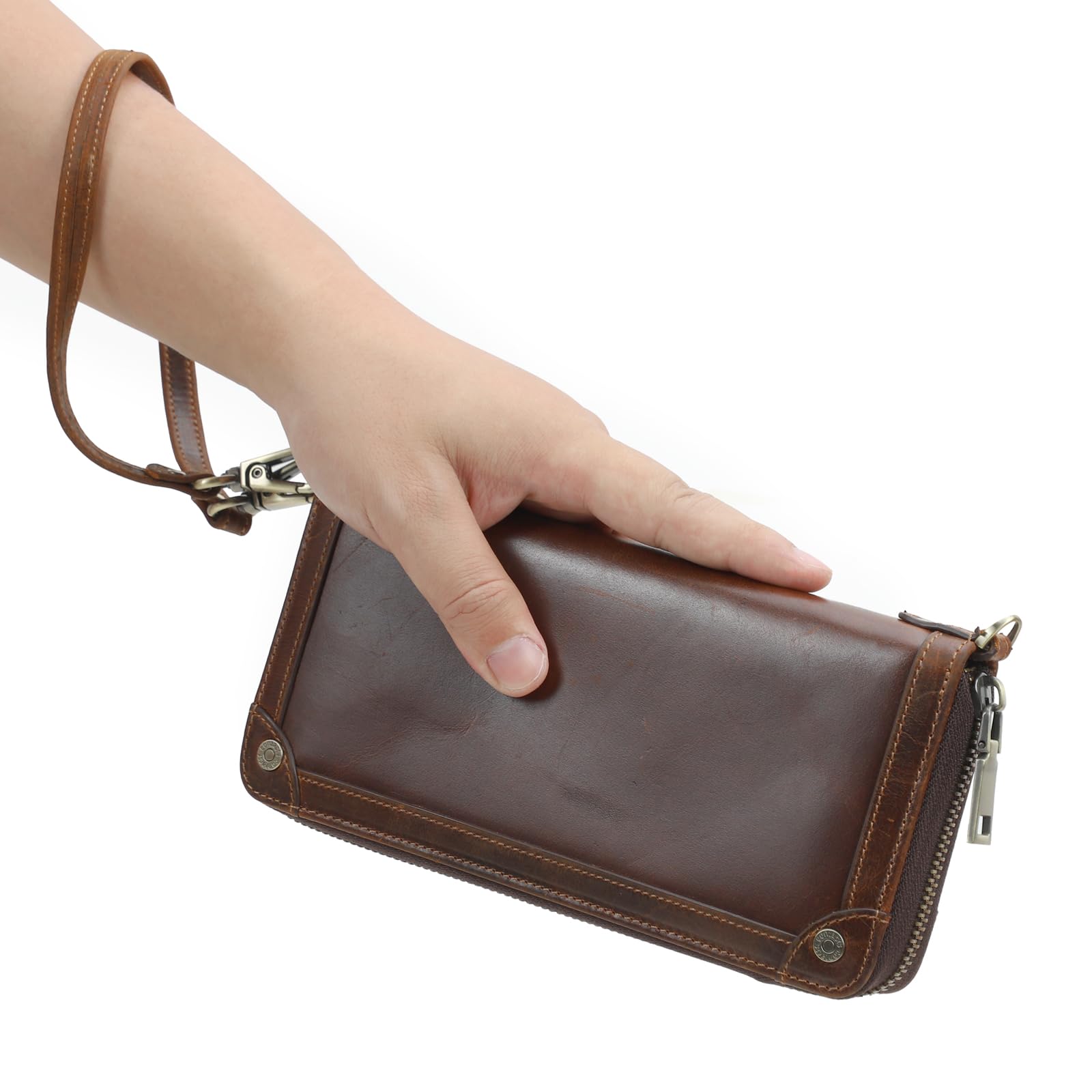CONTACTS Cartera de Piel auténtica con Doble Cremallera Alrededor de los Hombres con 4 Capas intermedias Vintage Largo con muñequera