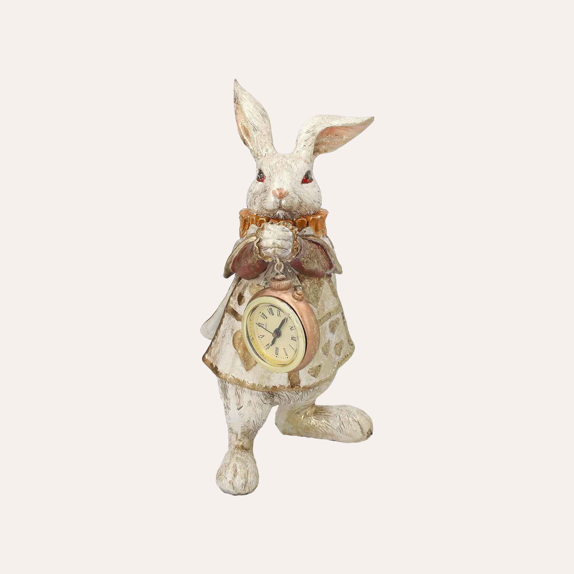 Keyhomestore | Statuina Coniglio con Orologio in Resina Bianco/Oro