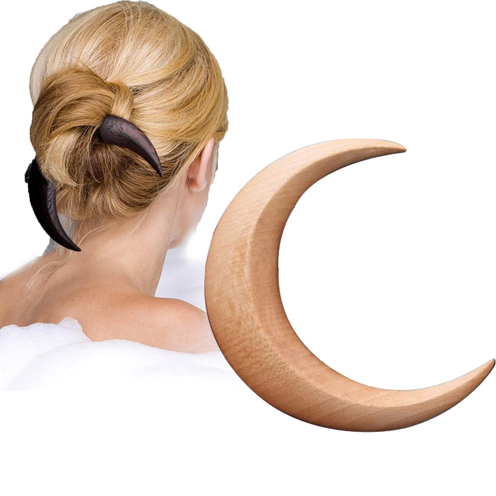Moon Hair Fork, Wooden Crescent Moon Hair Stick, Hand Carved Moon Wood Hair Fork Solid, Vintage Chignon, for Women Thick Hair Styling Tool Accessories, Suitable for Girls Hairstyle Decoration. (S, Wood Color)