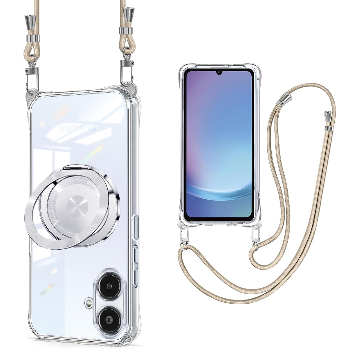 Galaxy A25 5G ケース クリア リング付き ショルダー ギャラクシーa25 ケース MagSafe対応 SC-53F SCG33 縦横両対応 TPU 透明 耐衝撃 galaxy a25 カバー 肩掛け 斜めかけ 縄掛け スタンド機能 360°回転 縦横両対応 紐付き 斜めがけ 織りストラップ付き ネックストラップ 紛失防止((縄掛け-カーキ色）