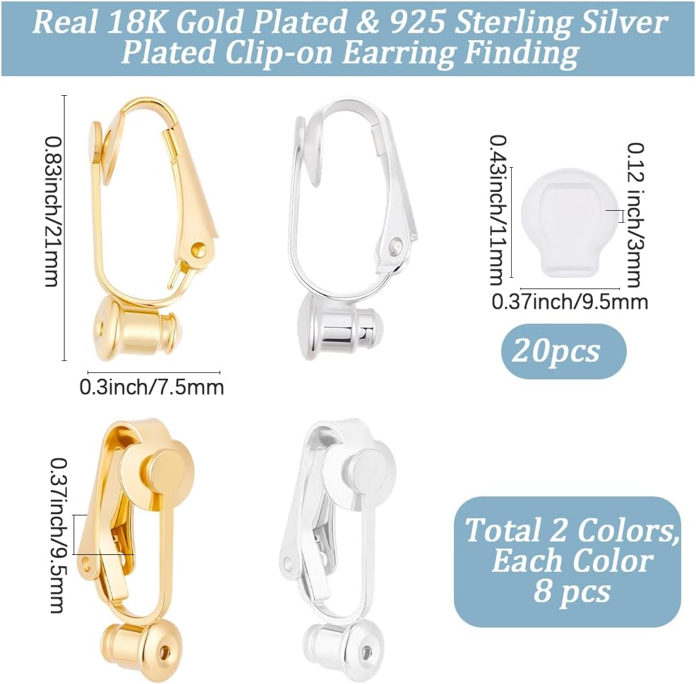Beebeecraft 1 Box 16Pcs Clip-on Earring Converter 18K Gold Plated & 925 Sterling Silver Plated Brass Non-Pierced Earrings Clips with Silicon Pads for DIY Design Jewelry Making Findings