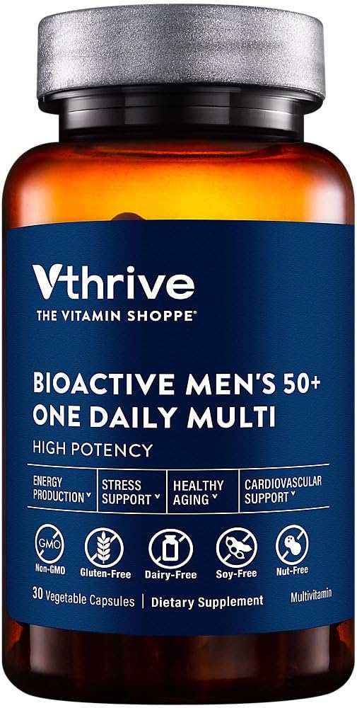 Vthrive BioActive Men 50+ One Daily Multivitamin, Men’s Multivitamin with Essential Vitamins and Minerals, Supports Daily Health and Wellness, Clean Formula, Gluten Free, Vegetarian, 30 Capsules