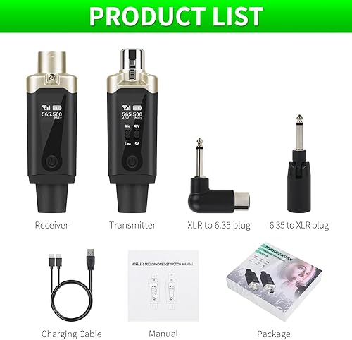 Miniatura 9 de Kadjuh UHF Wireless XLR Transmitter and Receiver& Wireless Guitar Transmitter Receiver,Rechargeable Mic Adapter 16 Channels 196ft Range for Dynamic