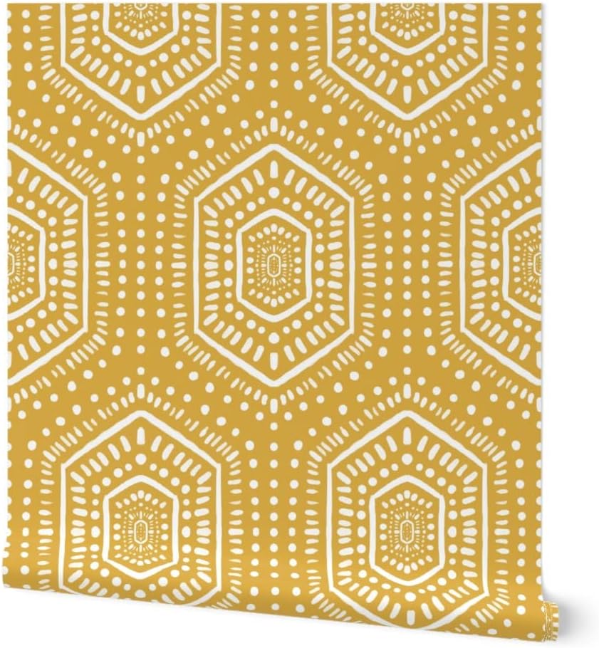 Peel & Stick Wallpaper 12ft x 2ft – Boho Mustard Yellow Dots Paint Tribal Bohemian Hexago Custom Removable Wallpaper by Spoonflower