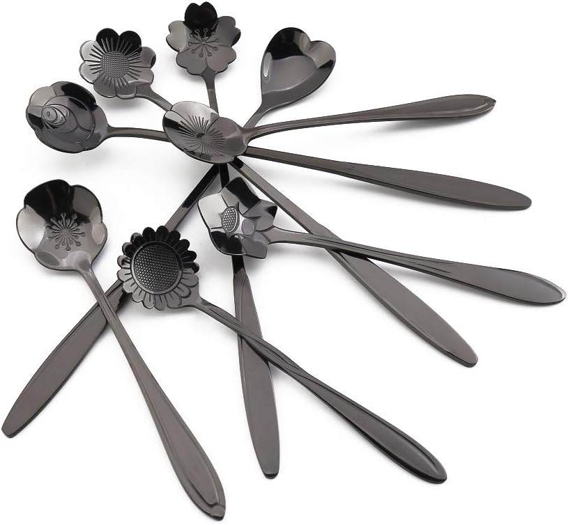 High quality Stainless Steel Tableware Creative Flower Spoo ,Coffee,Stirring,Sugar,Cake,Tea Spoon, Desser, Ice Cream Spoon(Set of 8,Two Different Lengths) (Black)