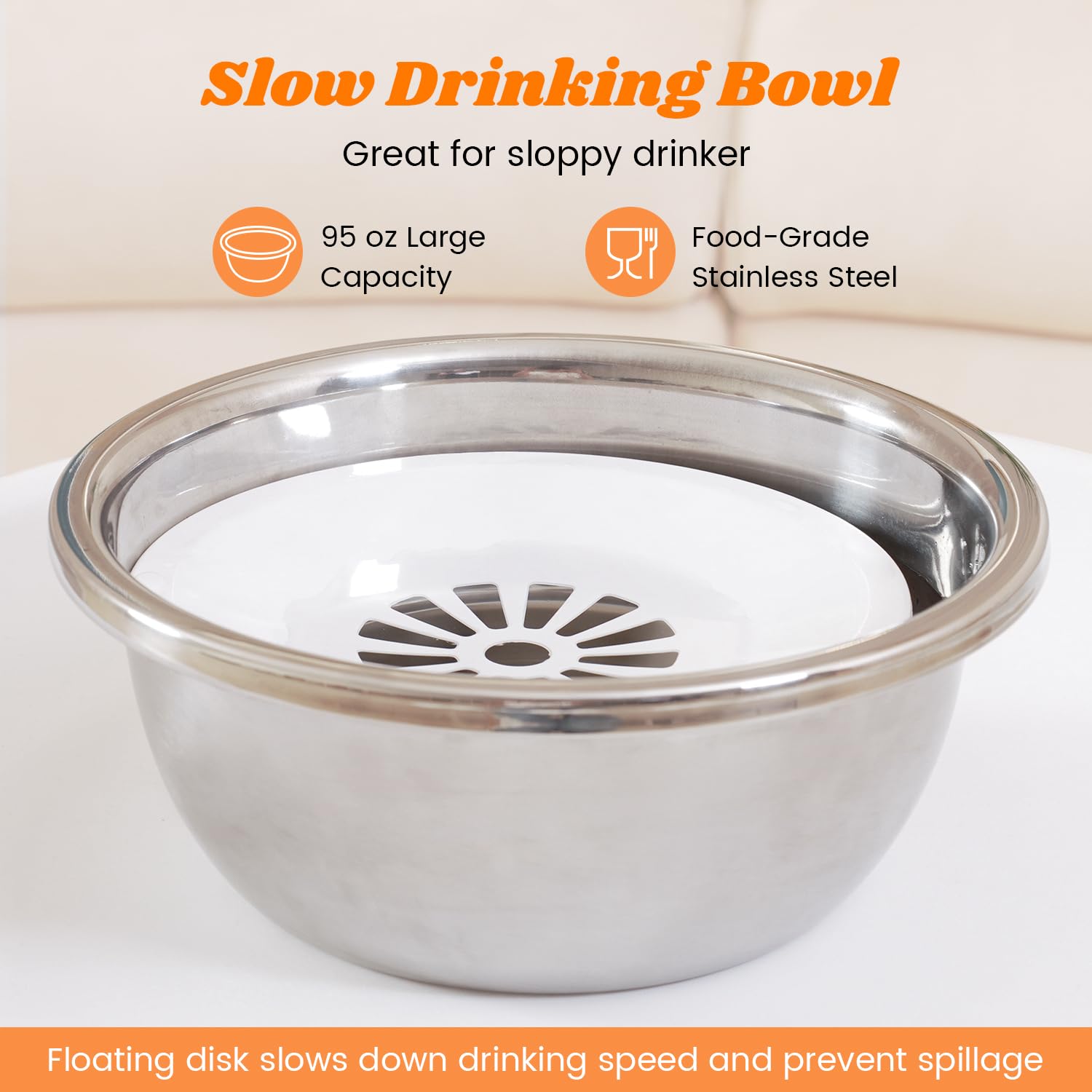 Pawque Cuenco elevado de agua para perros de 2,693.2 g, sin derrames, para razas medianas y grandes, cuenco de agua elevado individual de acero inoxidable con disco flotante, base resistente estable y