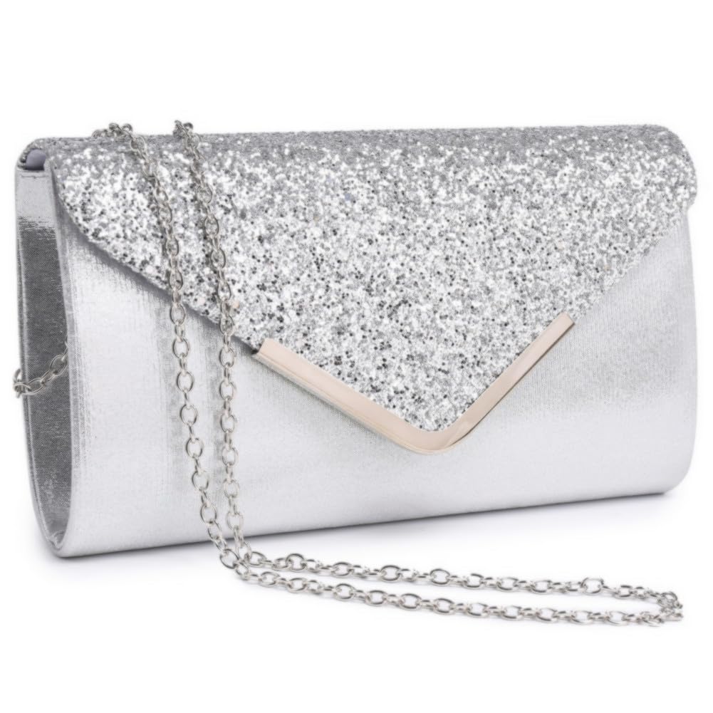 Women Evening Bags Formal Clutch Purses for Wedding Party Prom Handbags with Shoulder Strap and Glitter Flap