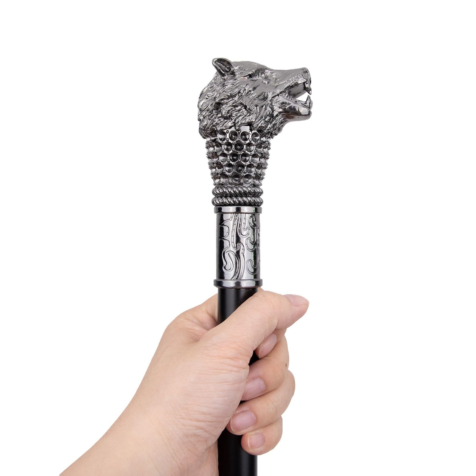 Bastón con Cabeza de Lobo Plateada, Estilo Británico, Metal Lujo, Elegante y Original para Hombres Mujeres, Ideal Fiestas Uso Diario