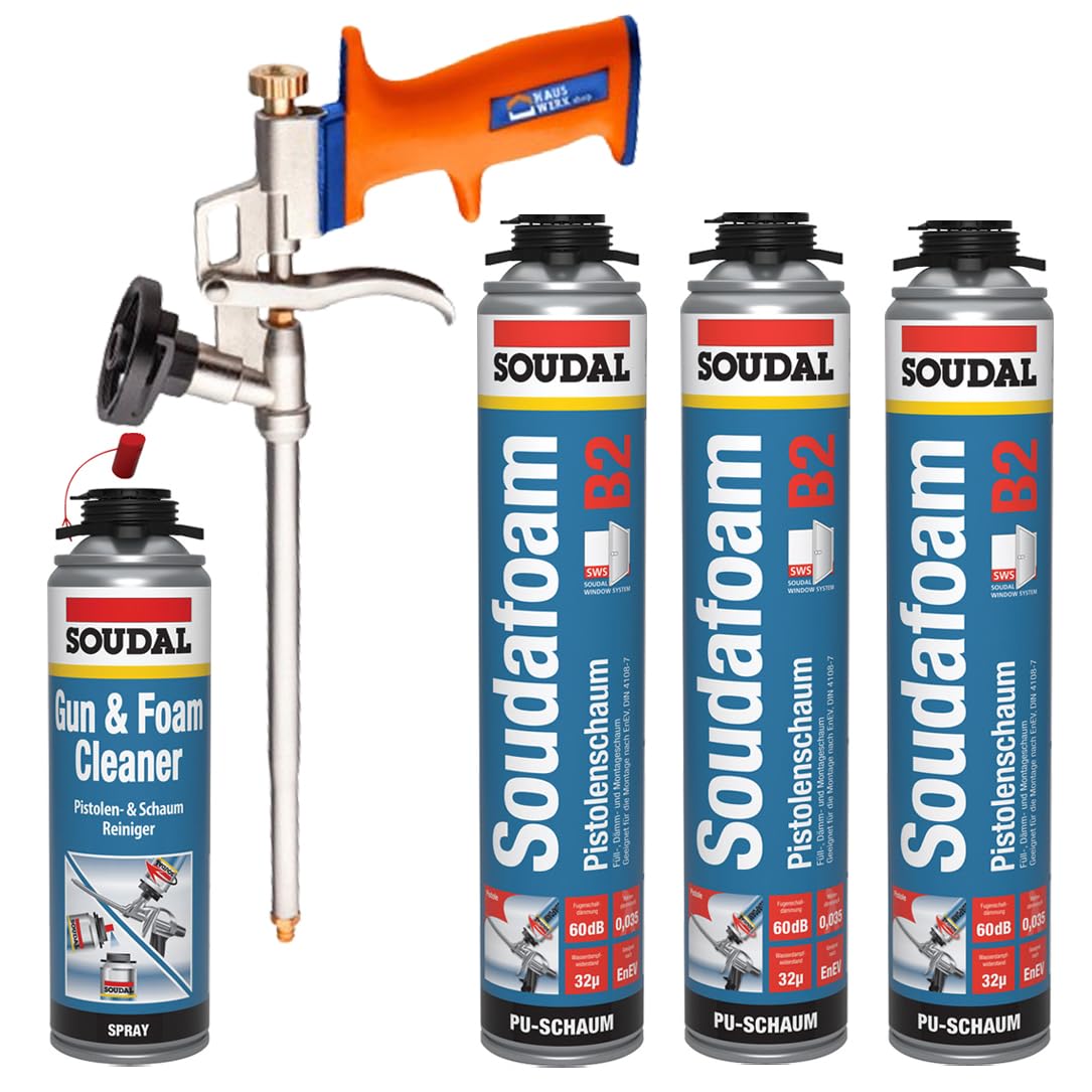 PU Schaumpistole + SOUDAL Profi Pistolenschaum GUN B2 / 3 x 750 ml + Schaumpistole + Reiniger