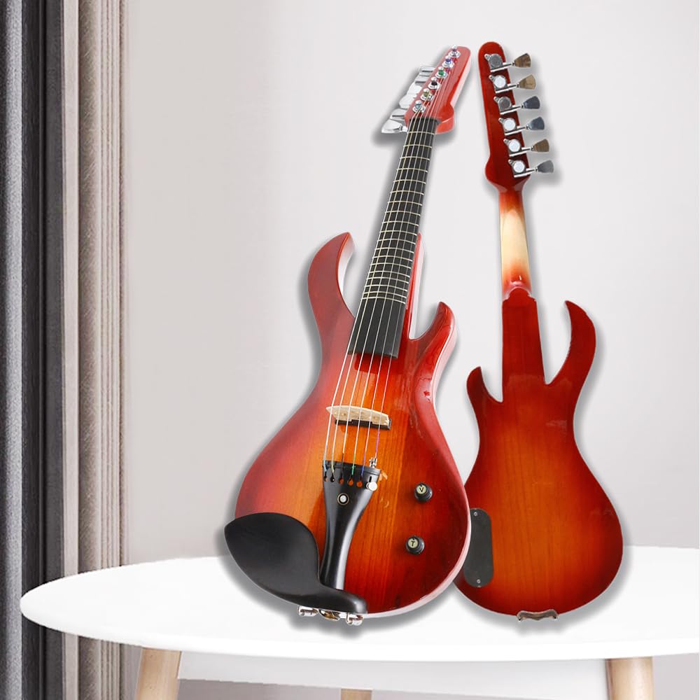 Violino Elettrico in Legno massello 4/4, Stile Chitarra, Rosso-Arancio, con Tasti per Principianti e Professionisti, Include Custodia e Accessori (01) (1)
