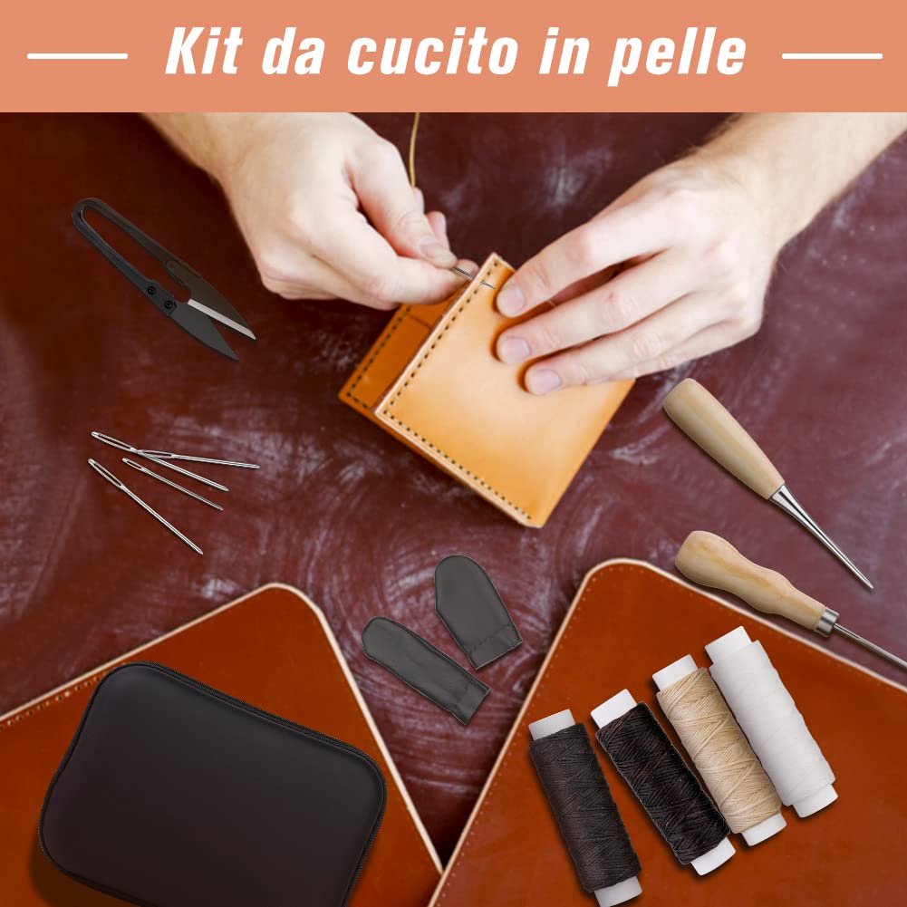 Spkaodngo Kit de couture pour cuir, 29 pièces, kit de réparation de tapisserie d'ameublement avec fil à coudre de 8 couleurs, pour la couture du cuir